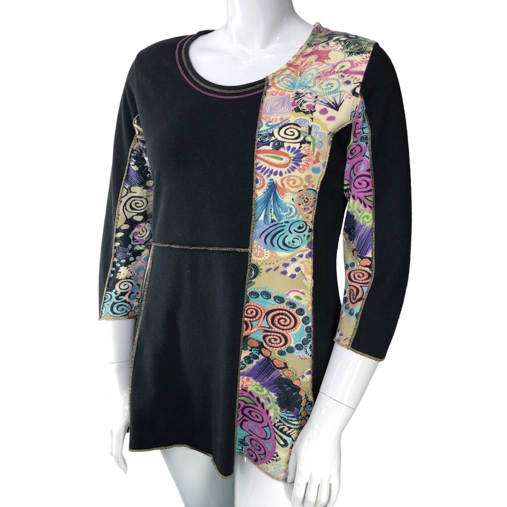 Parsley & Sage Womens Size M Top Black Multicolor Tunic Blouse Mixed Media Art